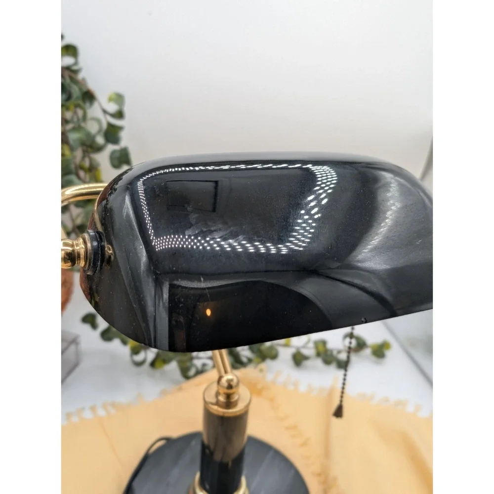 Vtg Black Bankers Desk  Lamp, Heavy Marble Base & Shaft Pull Chain Library